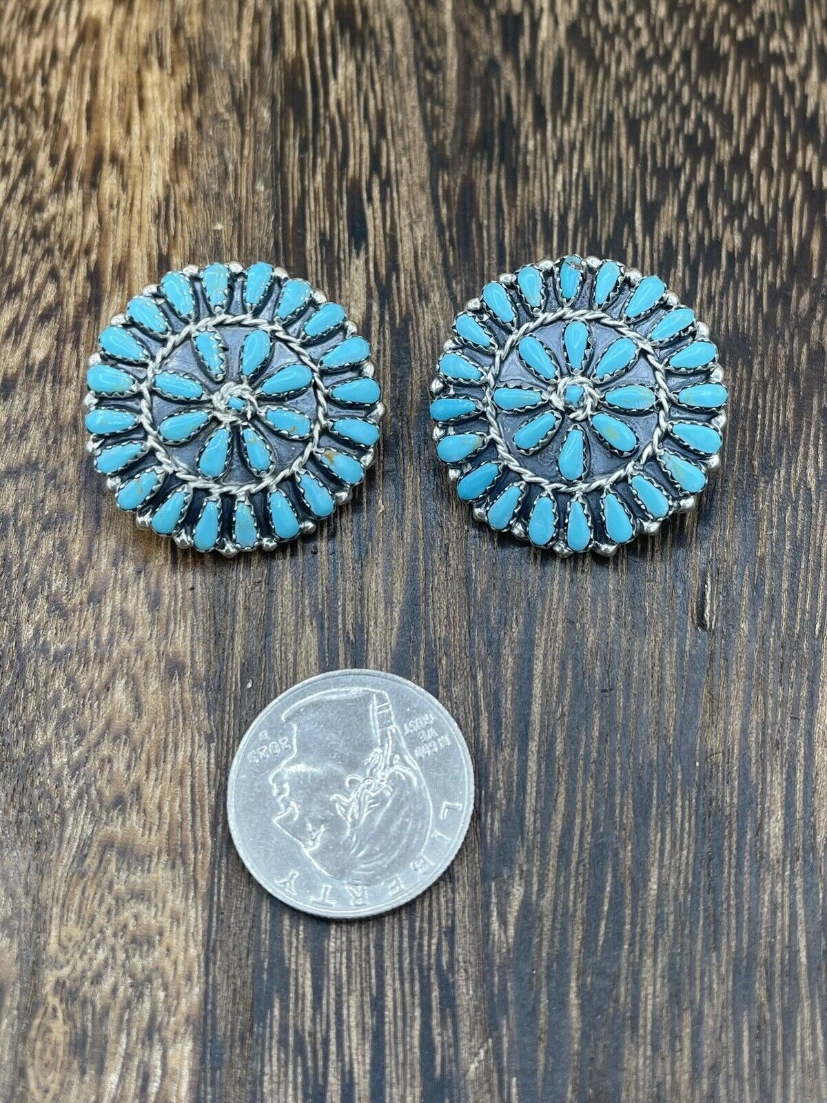 Native American Navajo Handmade Sterling Silver Turquoise Cluster Post earrings