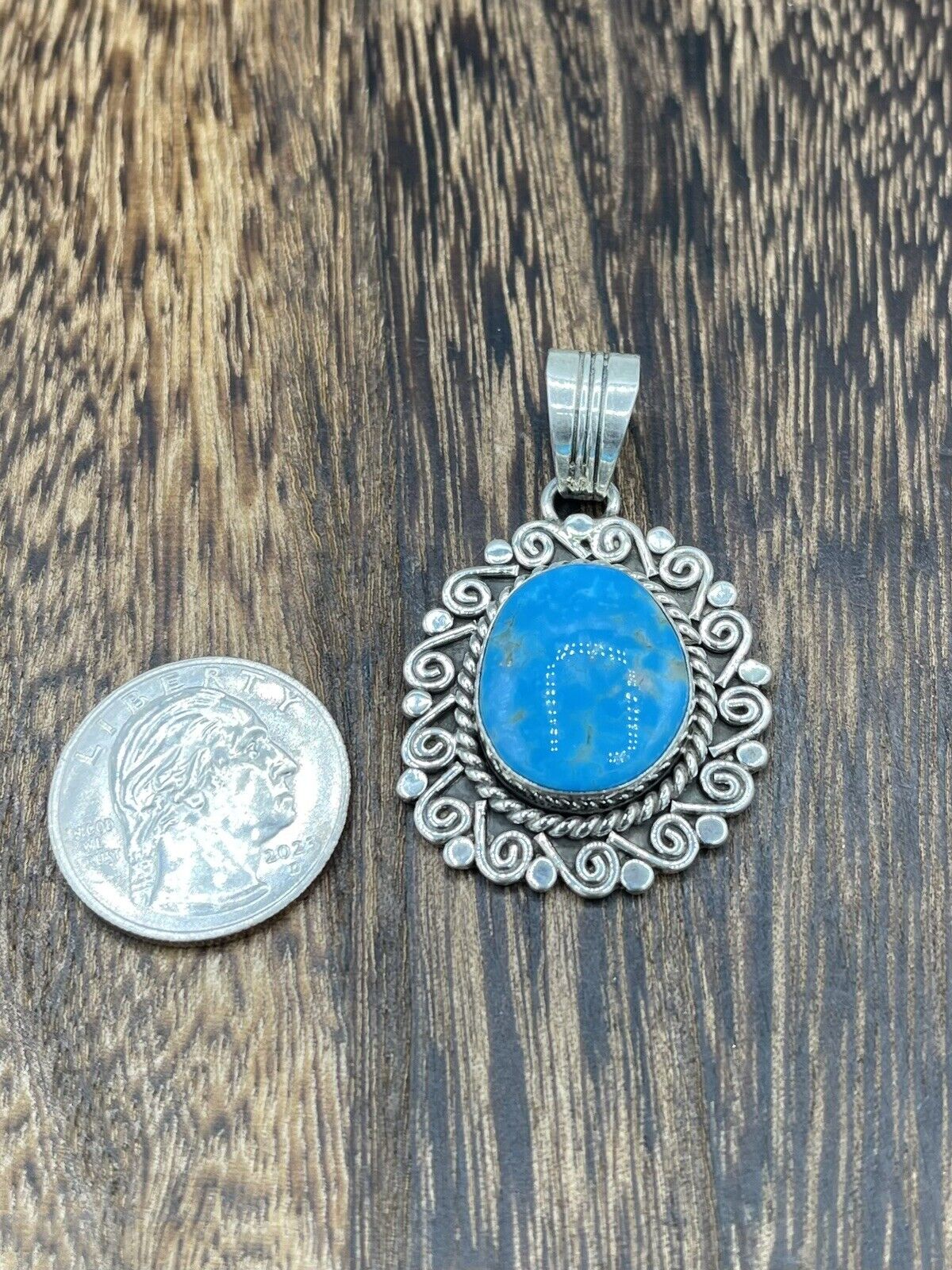 Native American Sterling Silver Navajo Handmade Natural Turquoise Pendant