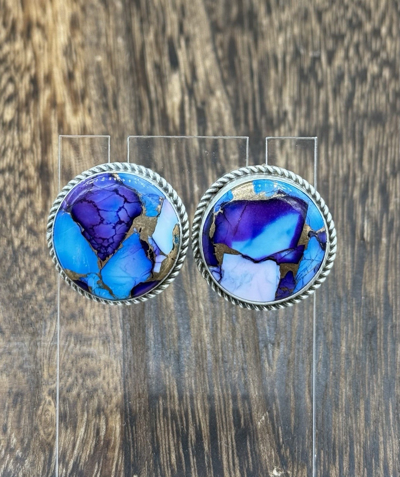 Navajo Handmade Sterling Silver Violet Rose & Blue Dahlia Post Earrings Letricia