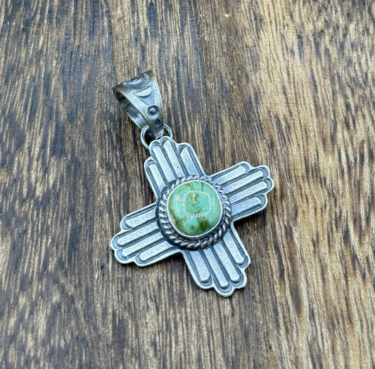 Navajo Handmade Sterling Silver Old Look Sonoran Gold Turquoise Zia Pendant