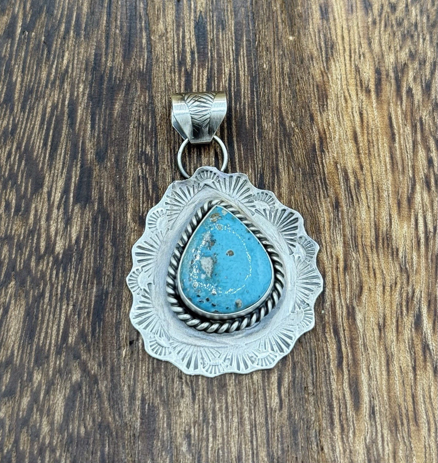 Native Navajo Handmade Sterling Silver Blue Bird Turquoise Stamped Drop Pendant