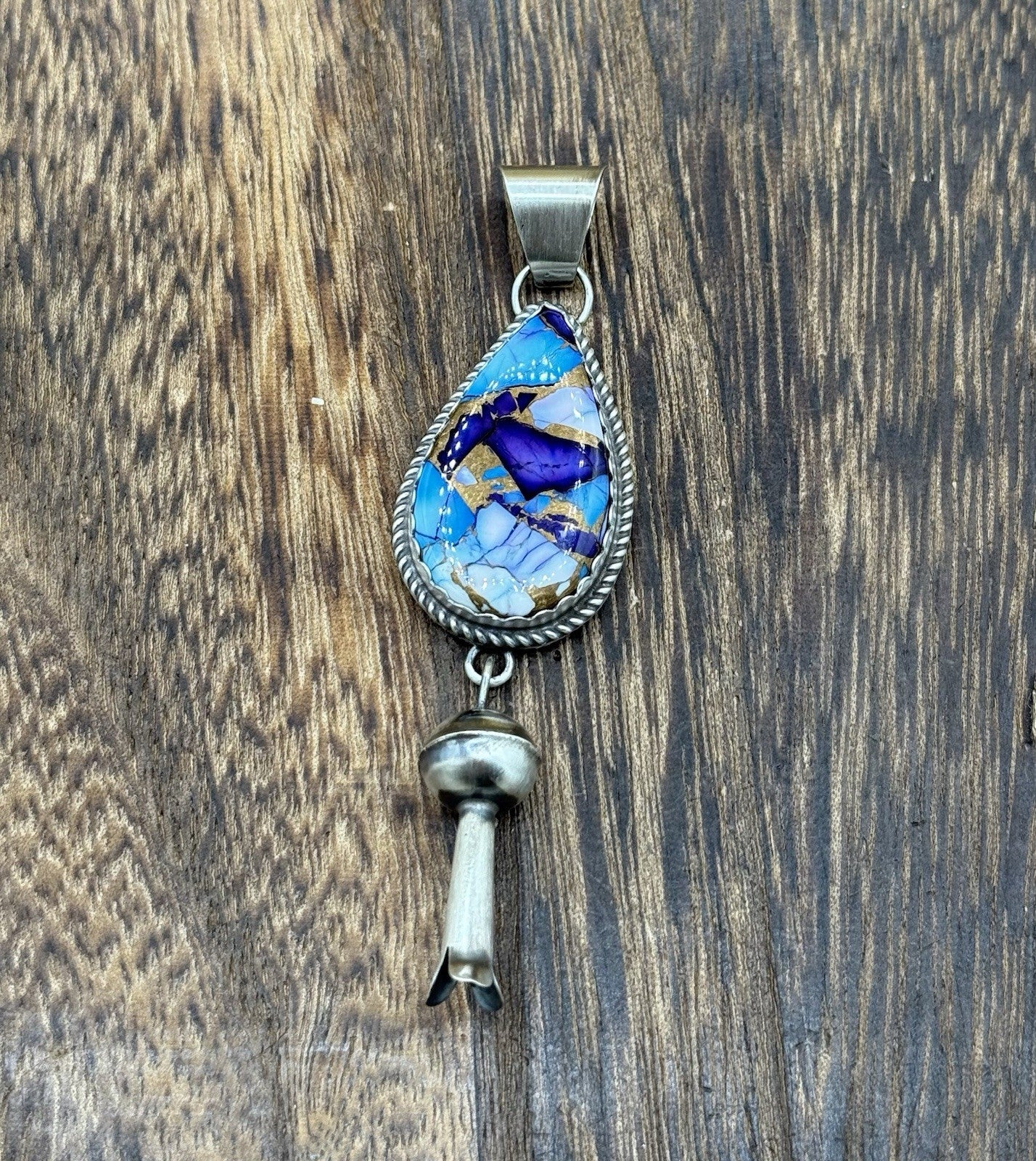 Navajo Handmade Sterling Silver Violet Rose & Blue Dahlia Dangle Blossom Pendant