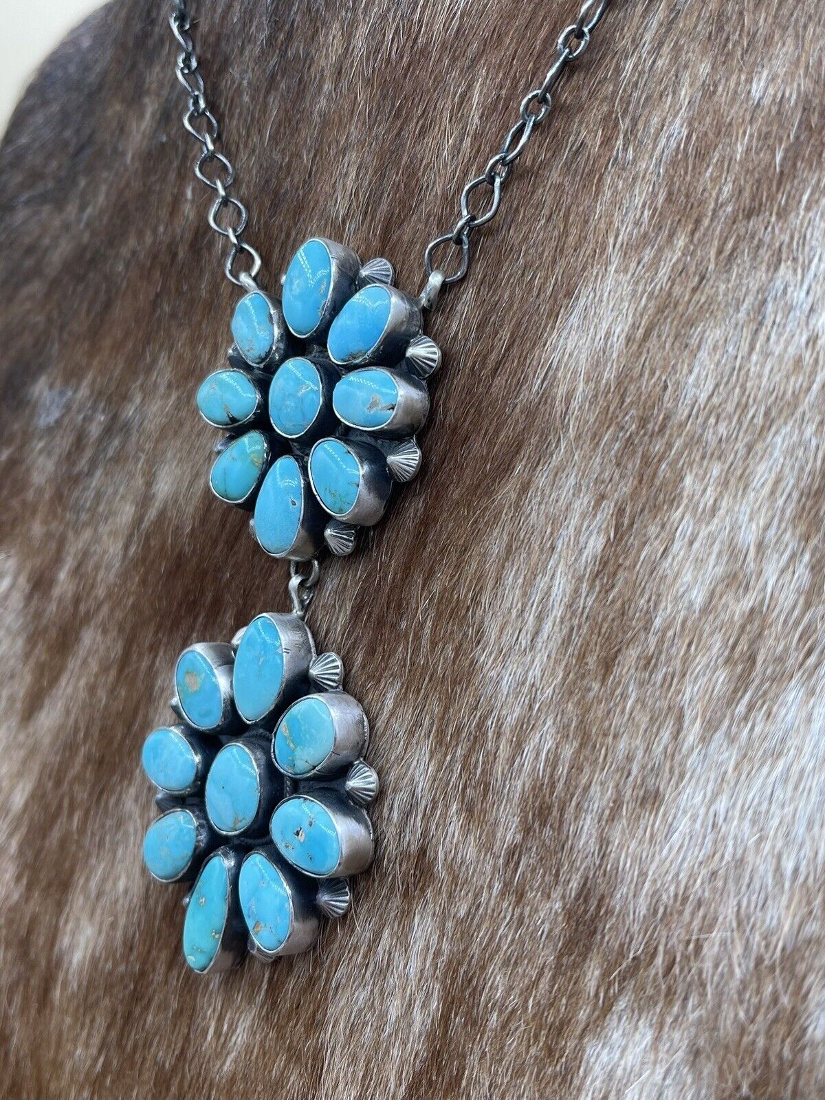 Native American Navajo Handmade Silver Kingman Turquoise Double Cluster Necklace