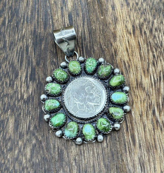 Navajo Handmade Sterling Silver Sonoran Turquoise Cluster Buffalo Coin Pendant