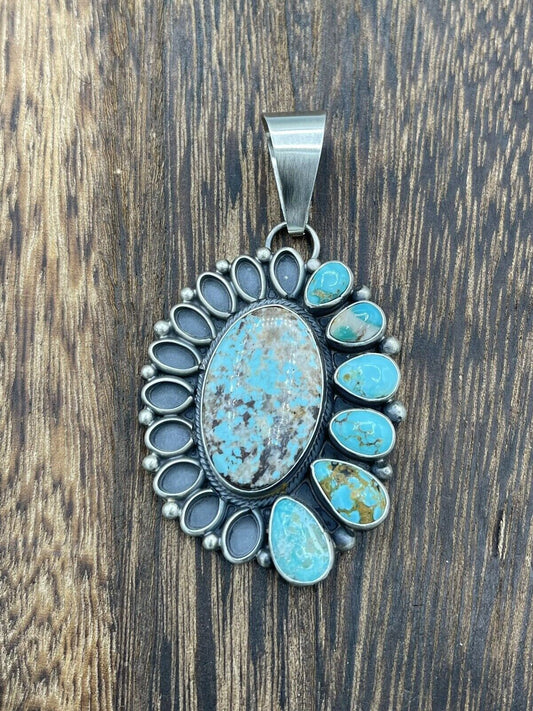 Native American Navajo  Silver Handmade Turquoise Cluster Pendant - Betta Lee