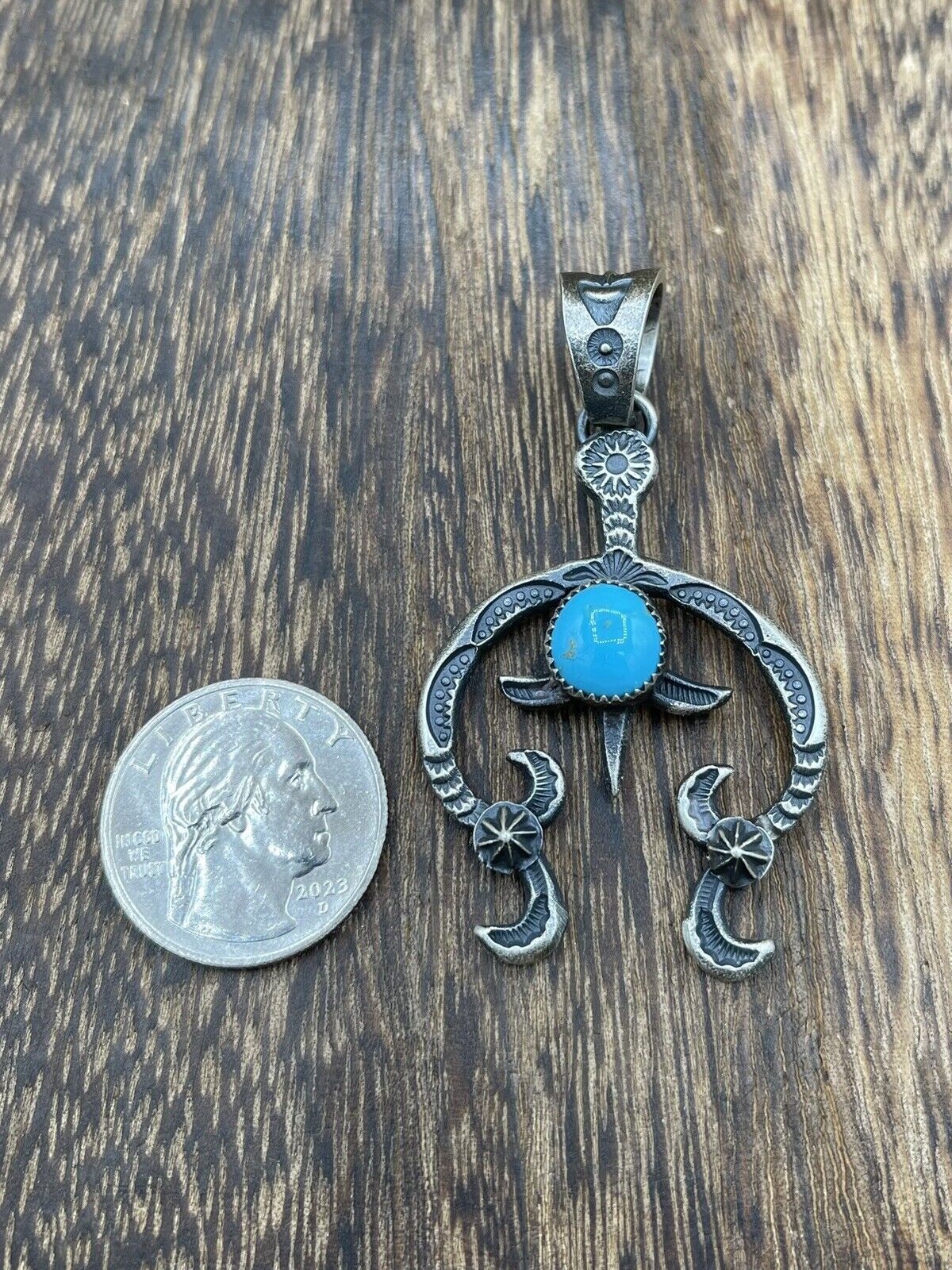 Native American Indian Navajo Handmade Silver Old Look Turquoise Naja Pendant