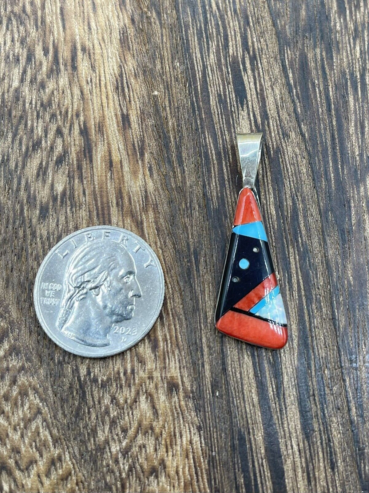 Native American Navajo Handmade Sterling Silver Multi Stone Inlay Pendant