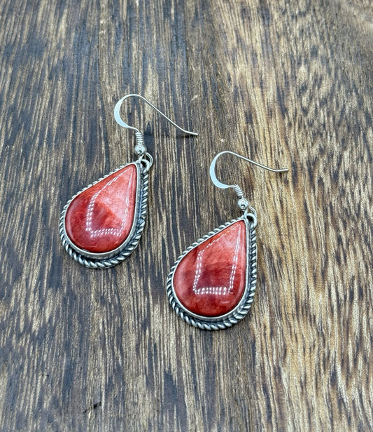 Native Navajo Handmade Sterling Silver Red Spiny Oyster Shell Dangle Earrings