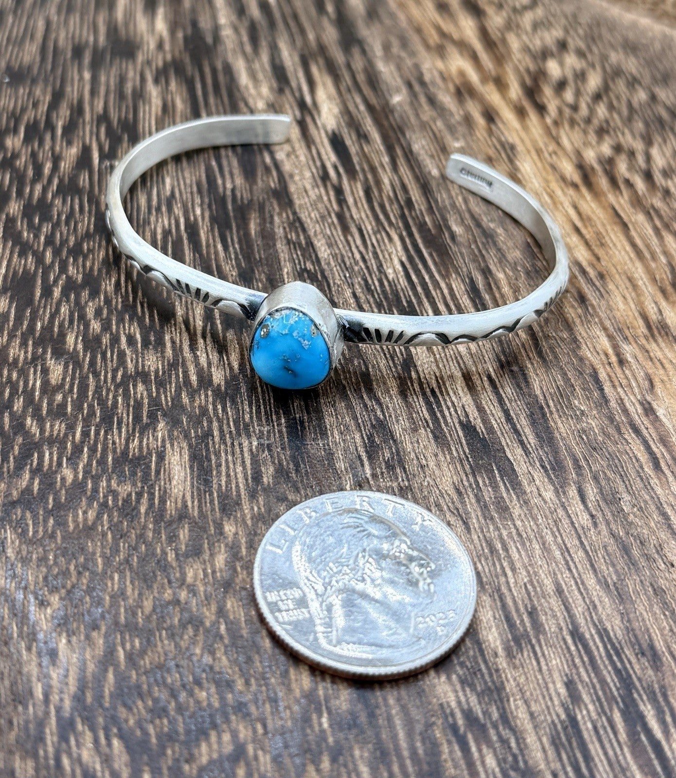 Navajo Handmade Sterling Silver Blue Ridge Turquoise Stacker Cuff Bracelet