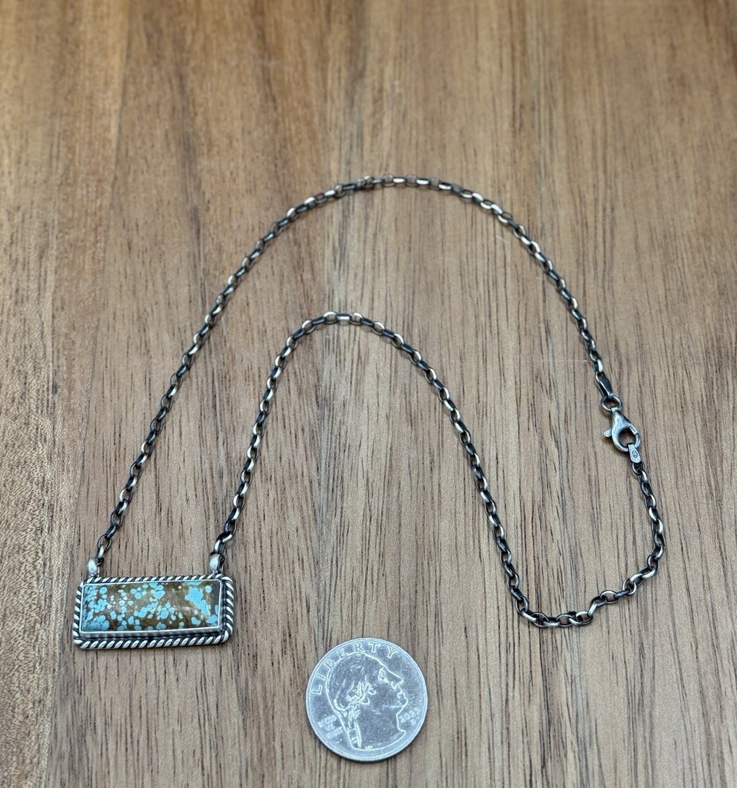 Navajo Handmade Sterling Silver #8 Turquoise Bar Necklace 18” by Judith Dixon