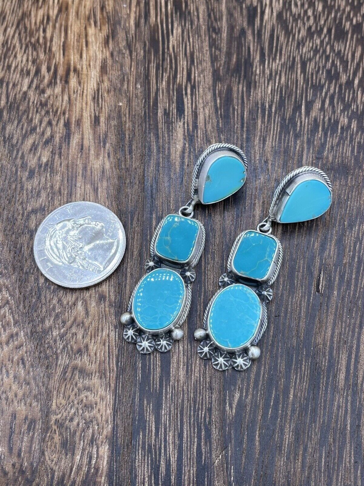 Native American Sterling Silver Navajo Handmade Turquoise Post Dangle Earrings