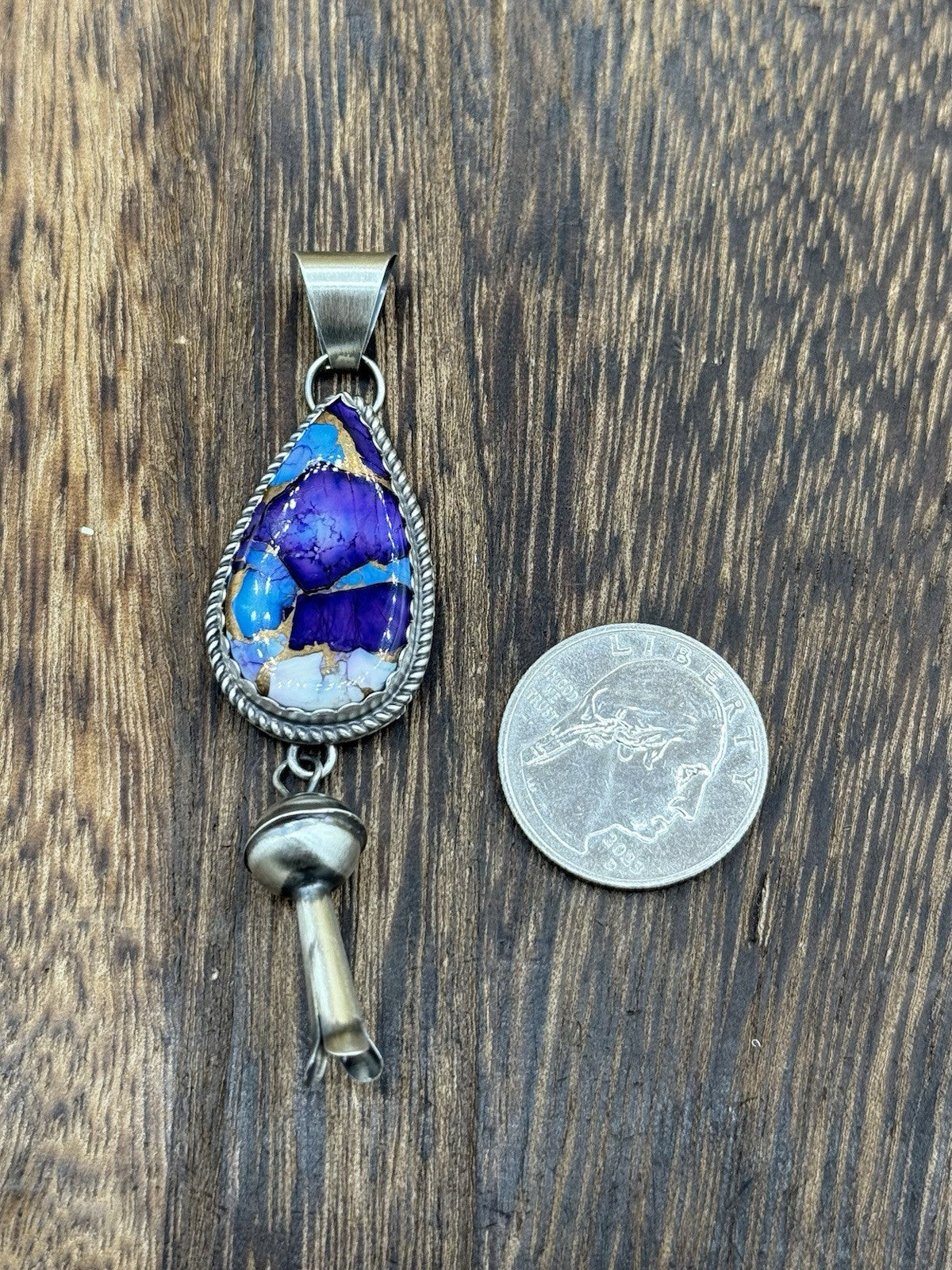 Navajo Handmade Sterling Silver Violet Rose & Blue Dahlia Dangle Blossom Pendant