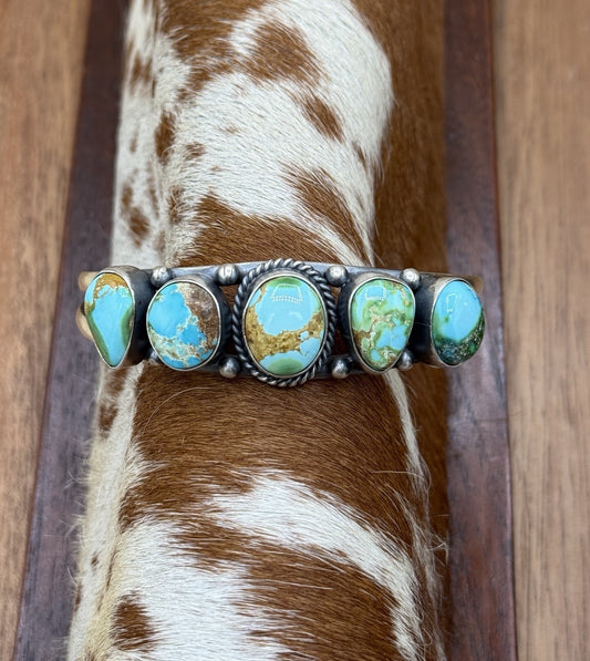 Navajo Handmade Sterling Silver Sonoran Gold Turquoise Cluster Cuff Bracelet