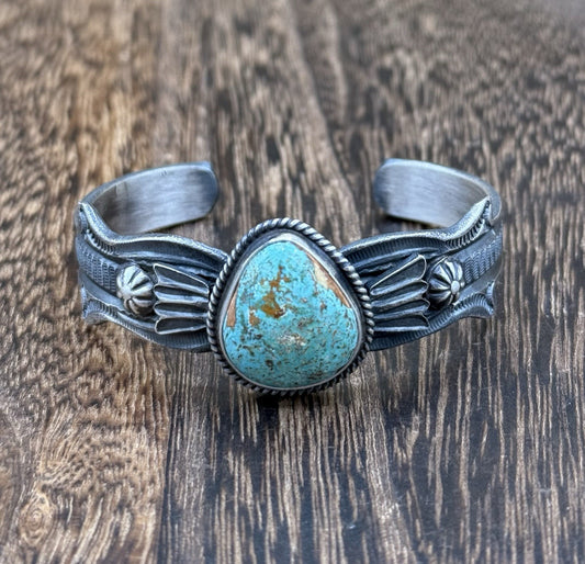 Navajo Handmade Sterling Silver Royston Turquoise Old look Cast Bracelet