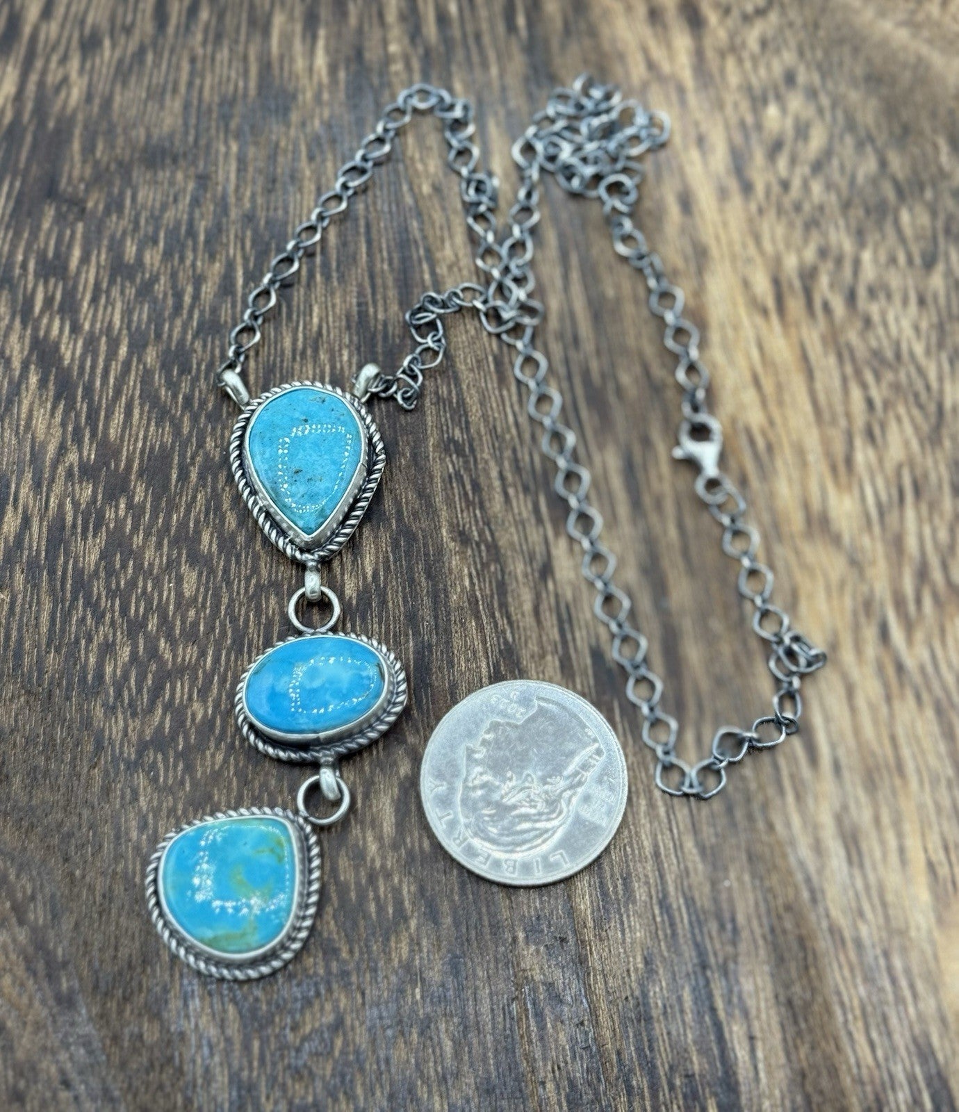 Native Navajo Handmade Sterling Silver Kingman Turquoise Lariat Necklace 18”