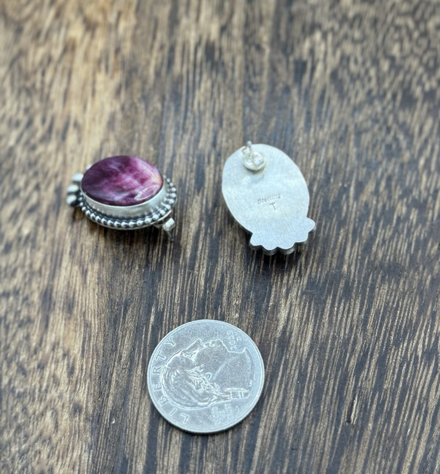 Native Navajo Handmade Sterling Silver Purple Spiny Oyster Post Stud Earrings