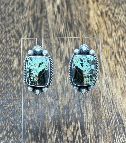 Navajo Handmade Sterling Silver Blackjack Turquoise Old Look Post Stud Earrings