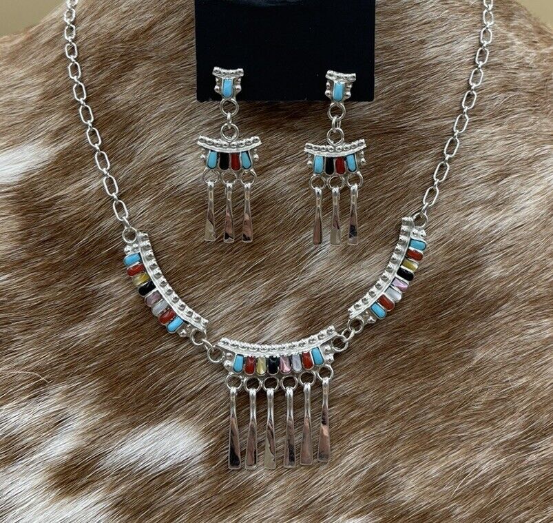 Native American Zuni handmade Sterling Silver Multi Stone Inlay Dangle Necklace