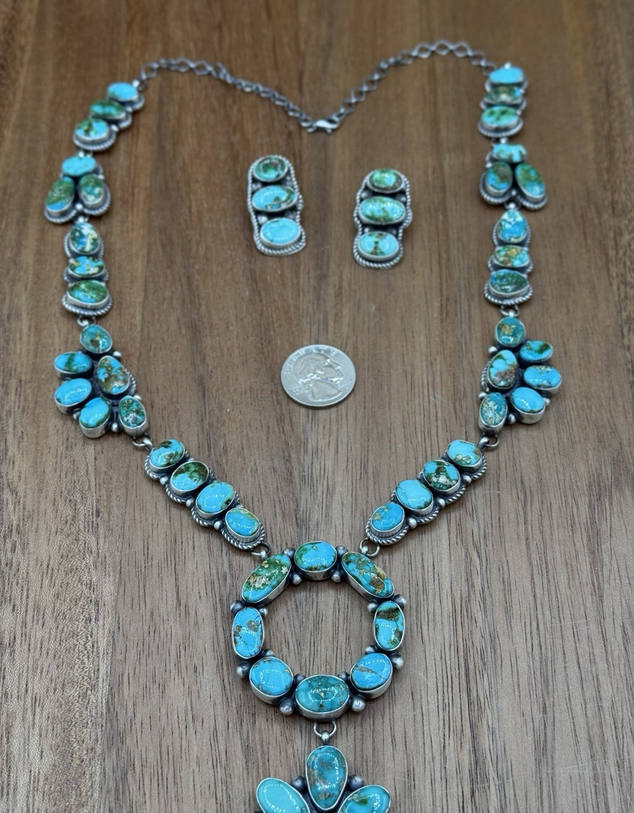 Navajo Handmade Sterling Silver Sonoran Gold Turquoise Cluster Lariat Necklace