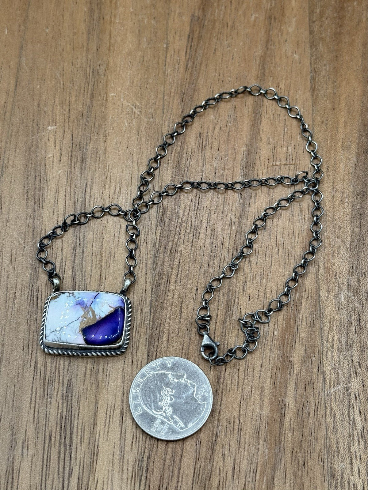 Navajo Handmade Sterling Silver Violet Rose Bar Necklace 18” By Tricia Smith