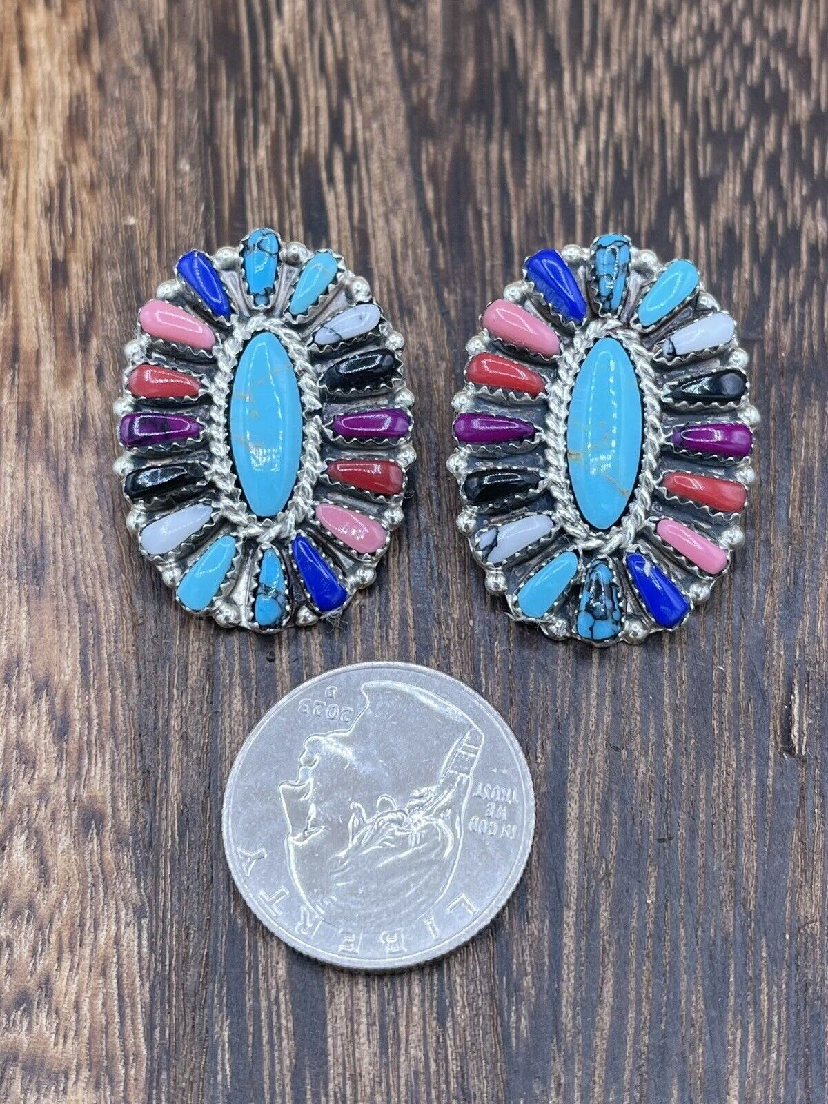 Native American Navajo Handmade Sterling Silver Multicolor Cluster Stud Earrings