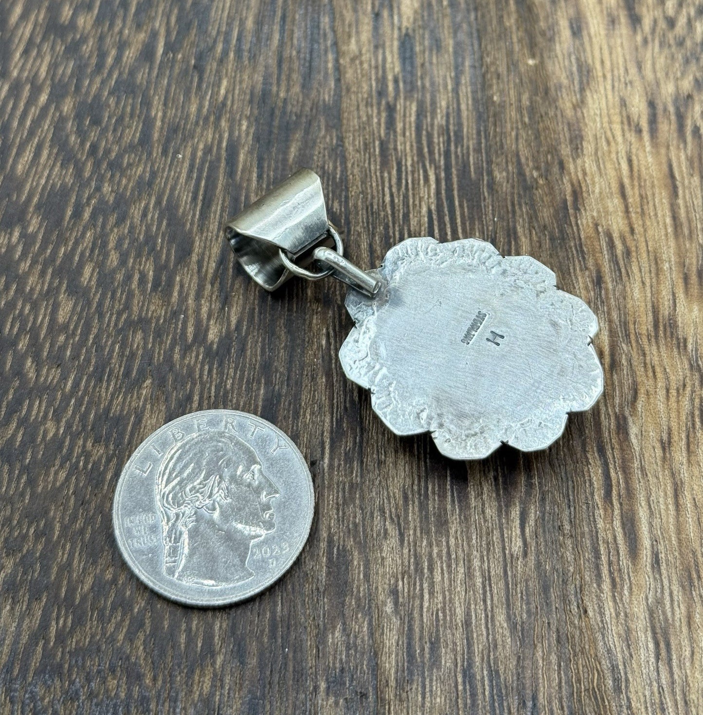 Navajo Handmade Sterling Silver Royston Turquoise Stamped Design Drop Pendant