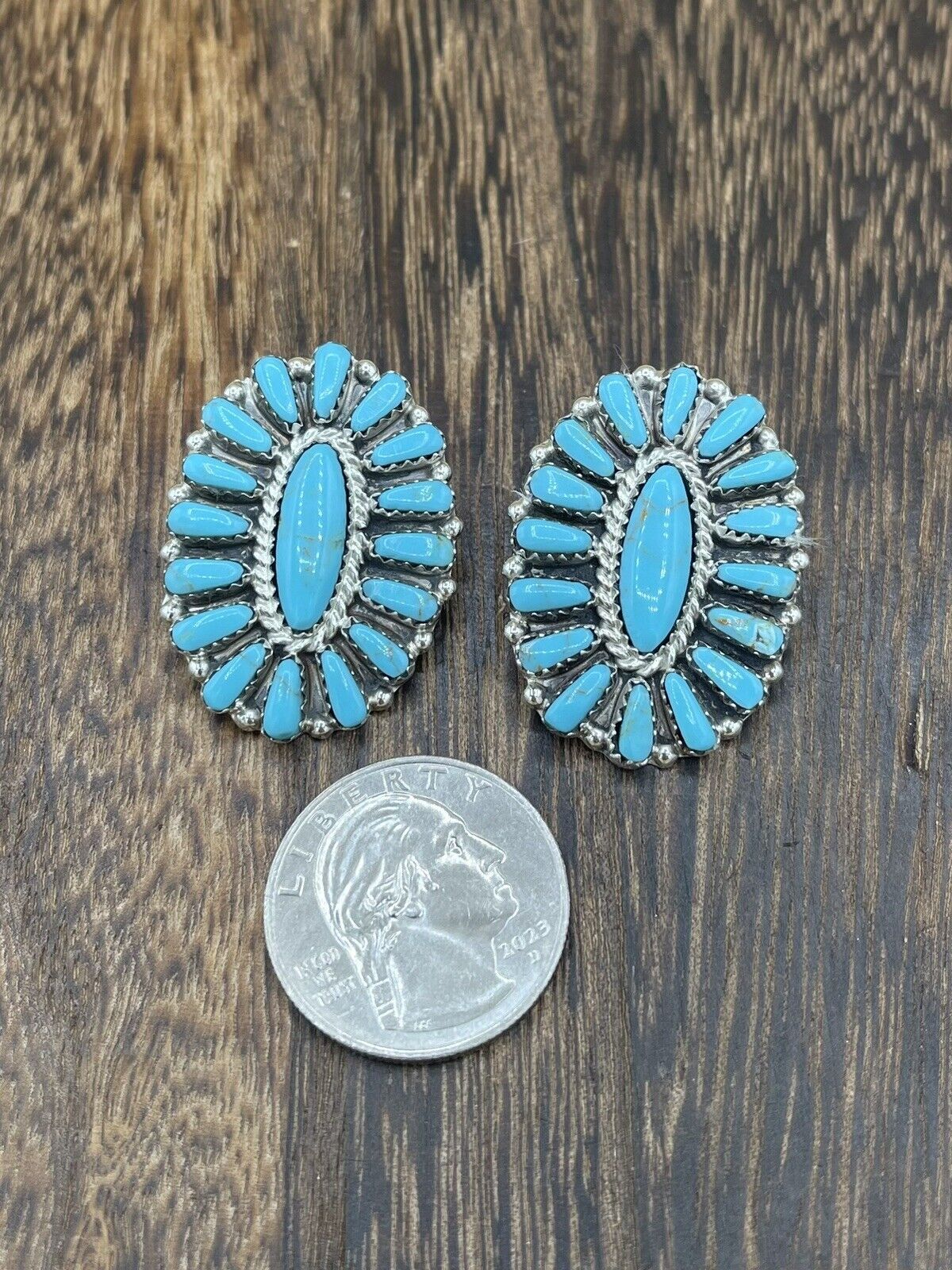 Native American Navajo Handmade Sterling Silver Turquoise Cluster Stud Earrings