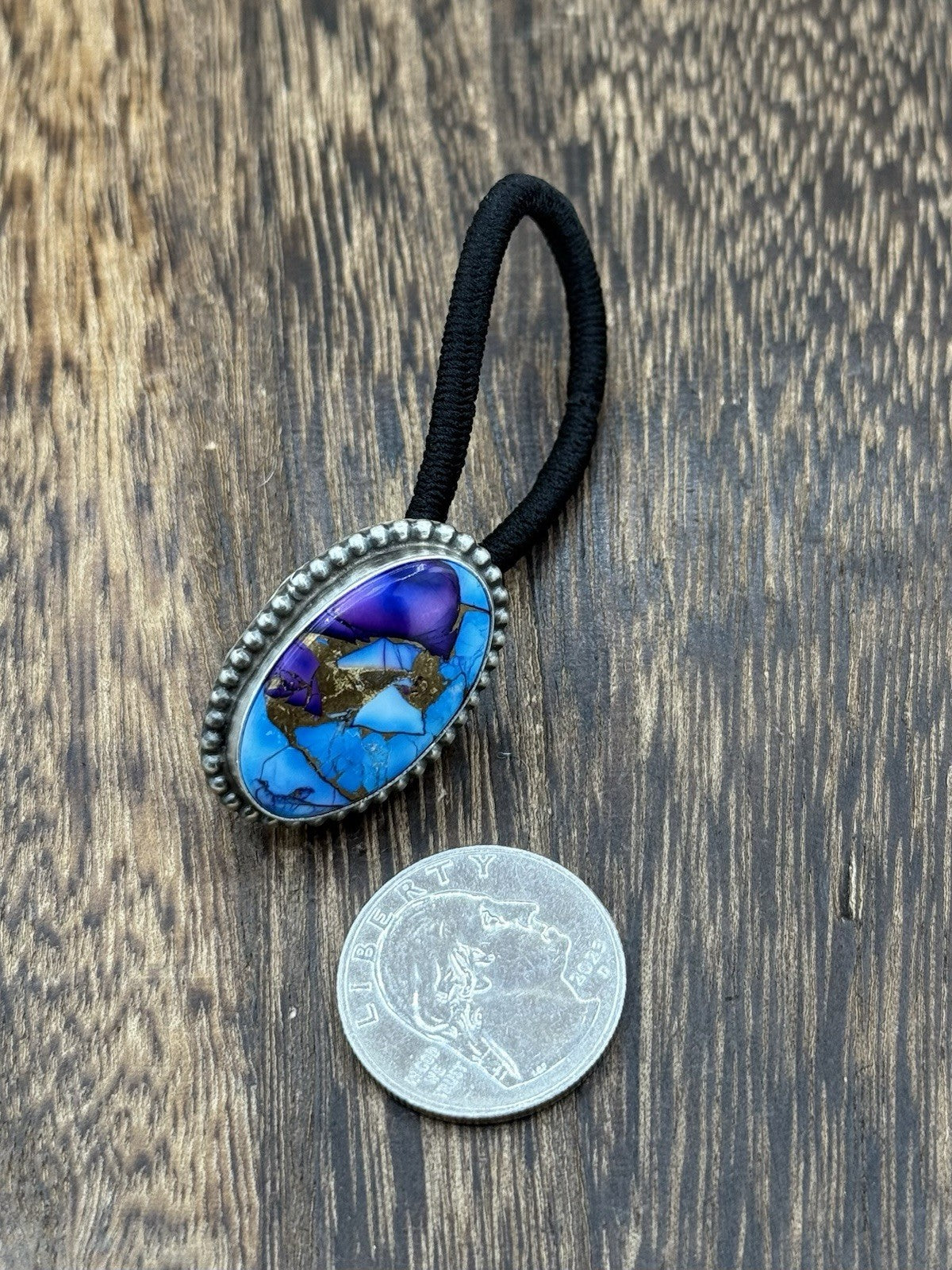 Native Navajo Handmade Sterling Silver Violet Rose & Blue Dahlia Hair Tie