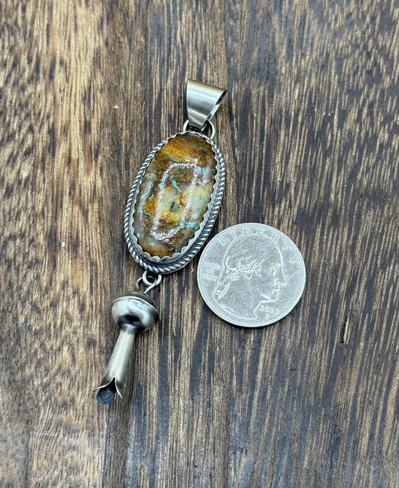 Native Navajo Handmade Sterling Silver Kingman Turquoise Dangle Blossom Pendant