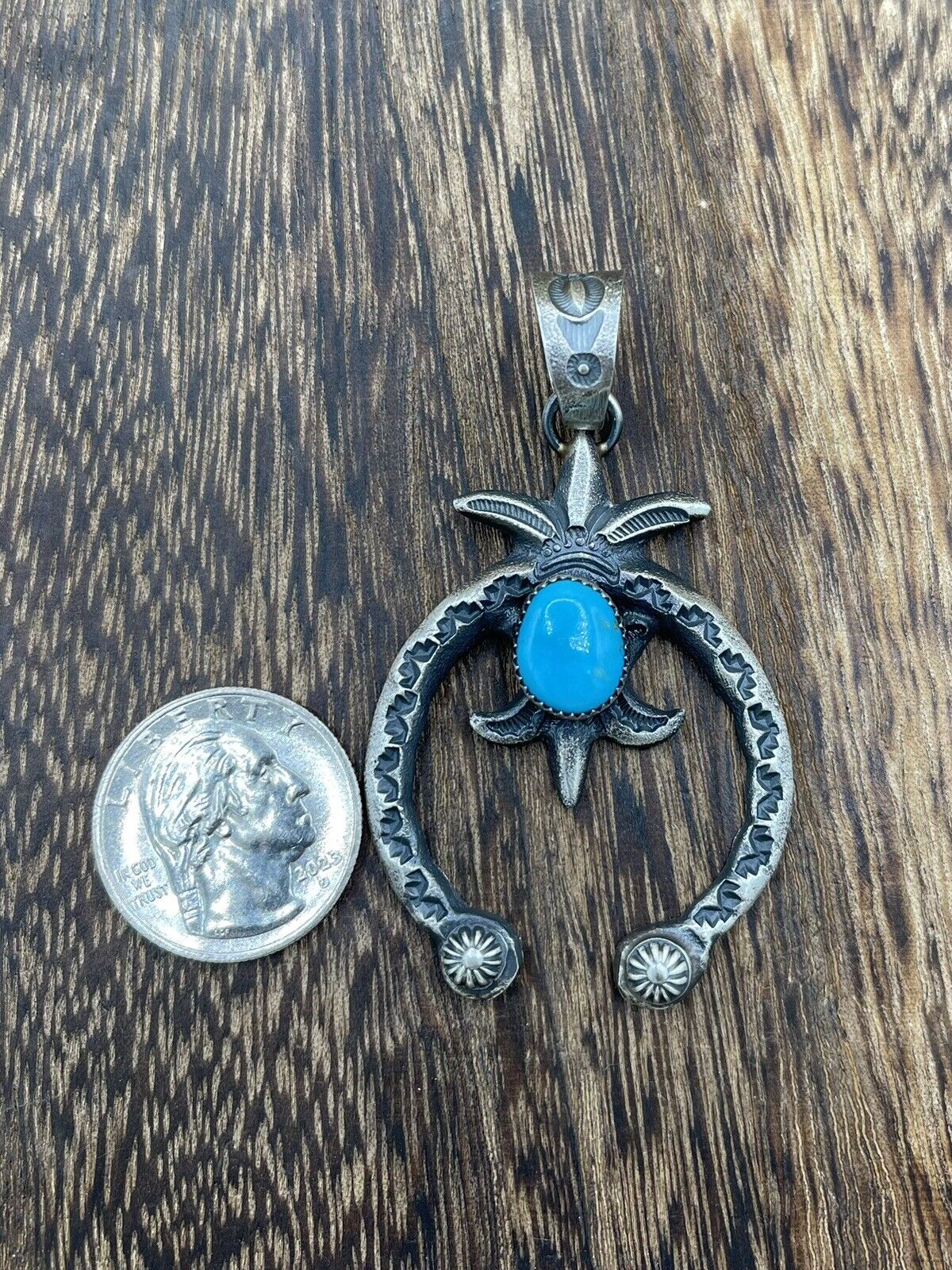 Native American Indian Navajo Handmade Silver Old Look Turquoise Naja Pendant