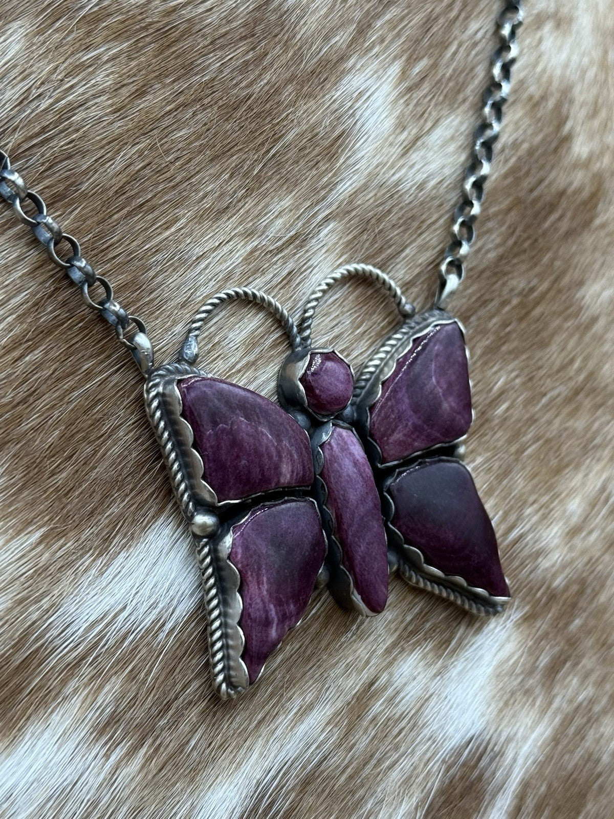 Navajo Handmade Sterling Silver Purple Spiny Oyster Butterfly Bar Necklace 18”