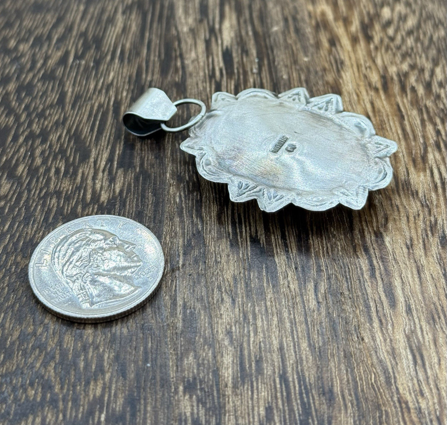 Navajo Handmade Sterling Silver Orange Spiny Oyster Shell Stamped Drop Pendant