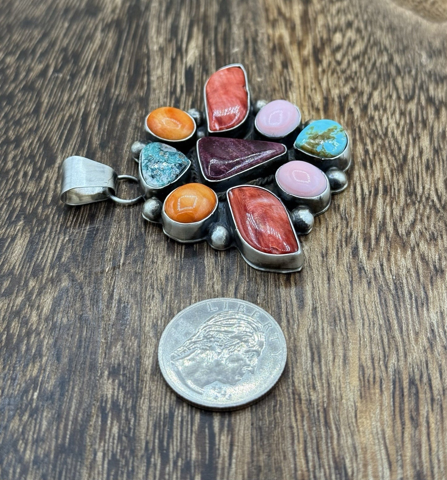 Navajo Handmade Sterling Silver Multi Color Turquoise Spiny Cluster Pendant Lg.