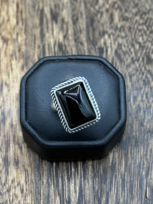 Navajo Handmade Sterling Silver Black Onyx Adjustable Ring Size 7 To 10
