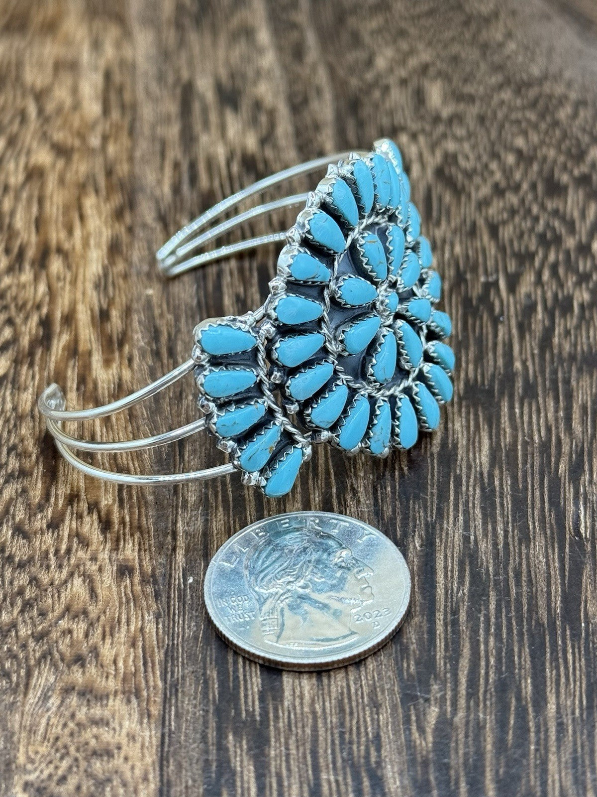 Native American Navajo Handmade Sterling Silver Turquoise Cluster Cuff Bracelet