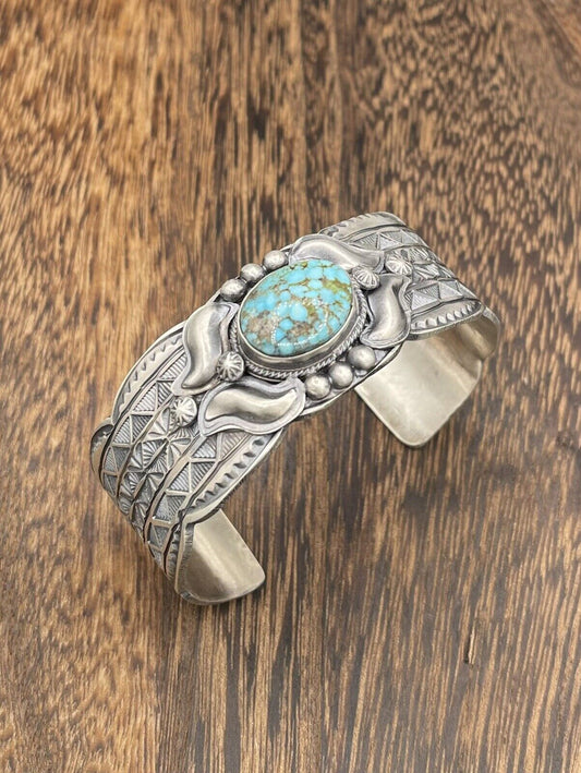 Native American Sterling Silver Navajo Handmade Kingman Turquoise Cuff Bracelet