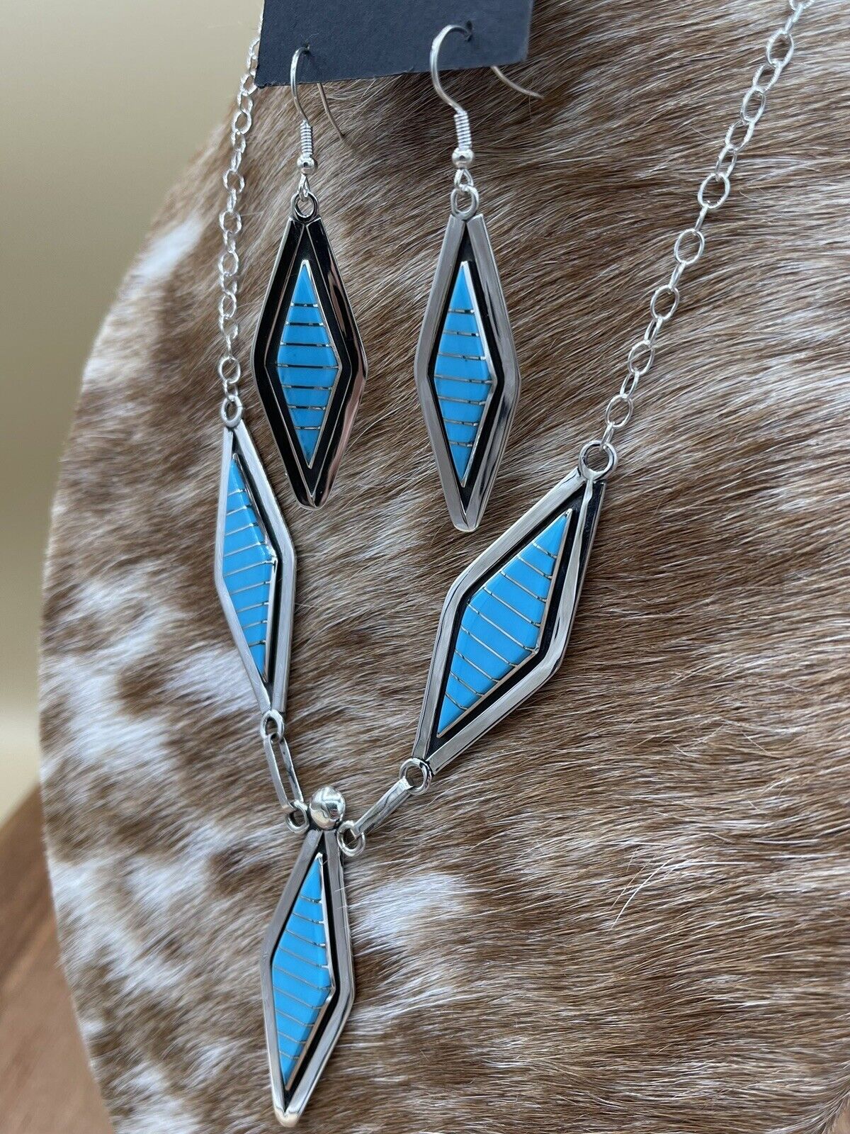 Native American Zuni handmade Sterling Silver Turquoise Inlay  Necklace Set 18”