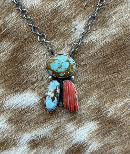 Navajo Handmade Sterling Silver Multi stone Turquoise  Cluster Bar Necklace 18”