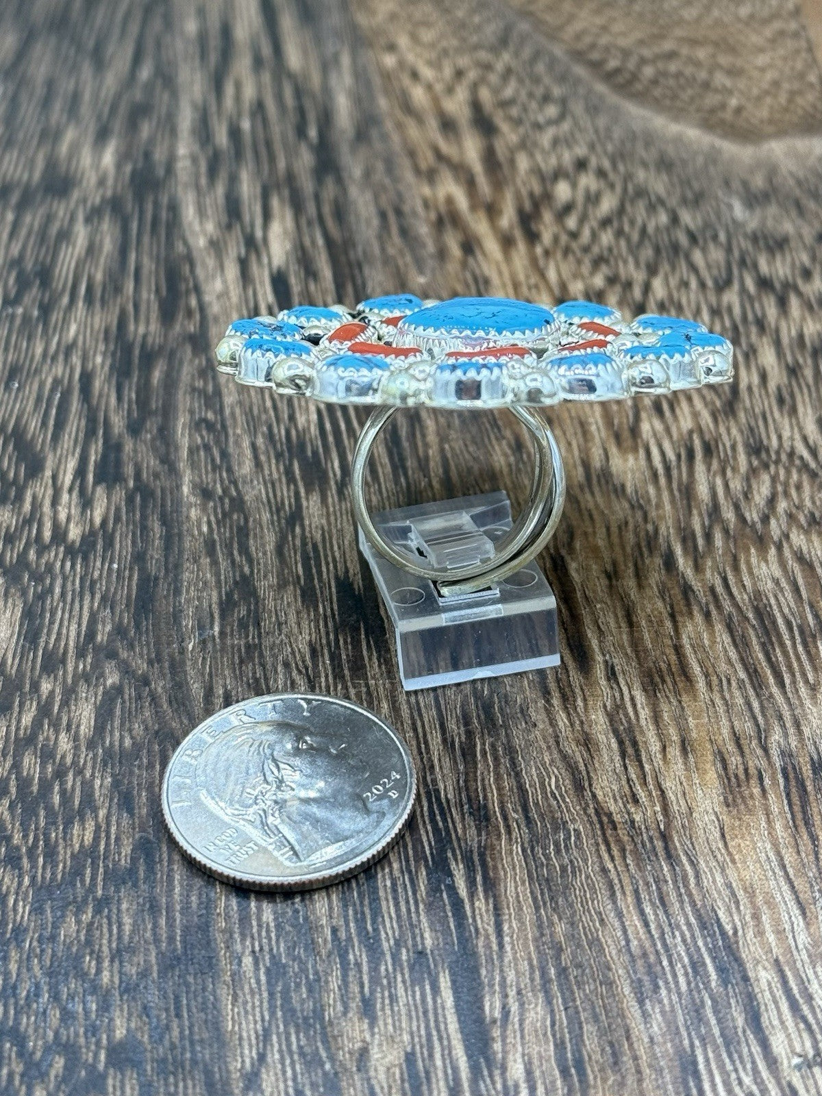 Navajo Handmade Sterling Silver Sleeping Beauty Turquoise & Coral Adjustable 6-9