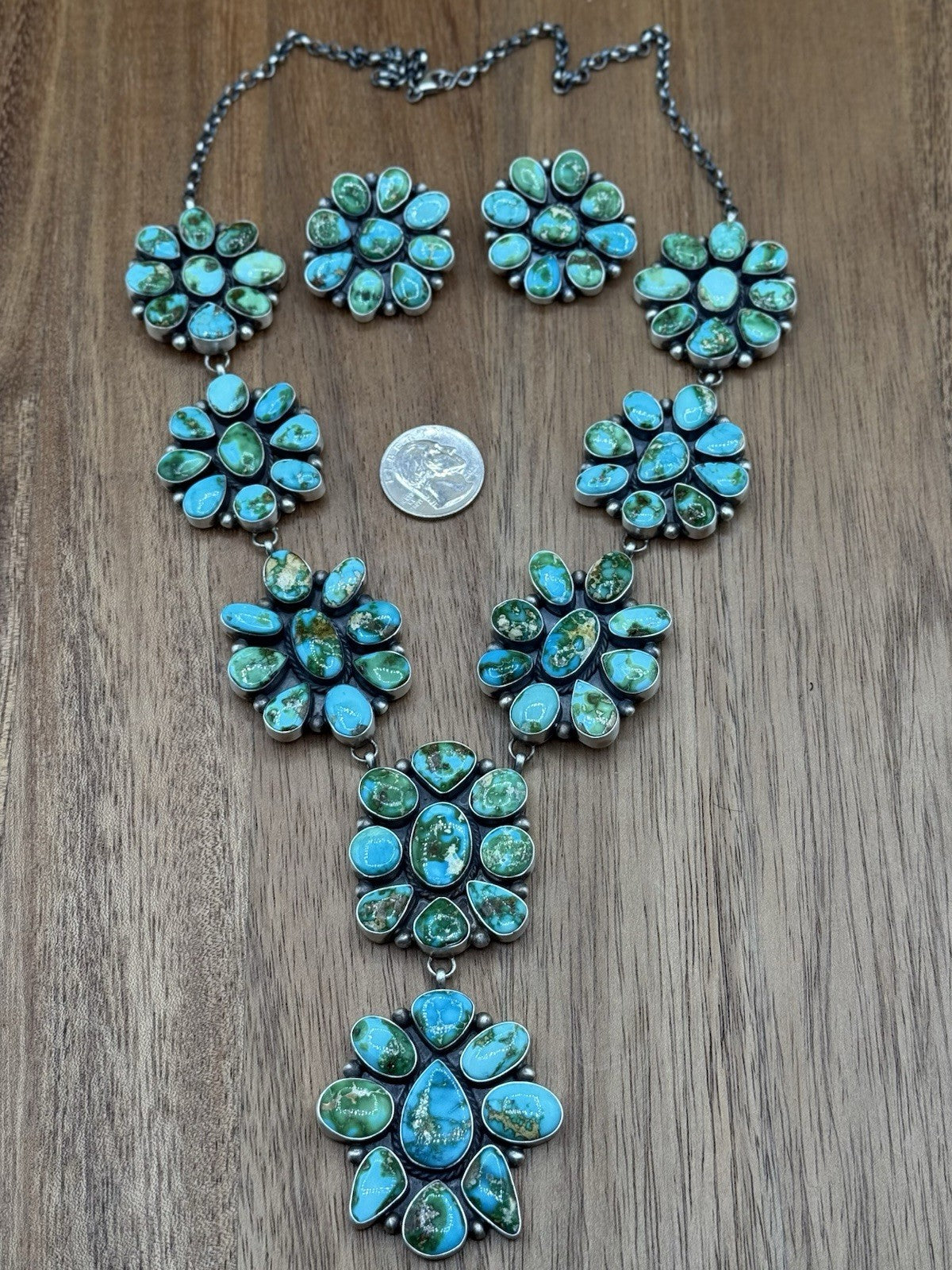Navajo Handmade Sterling Silver Sonoran Turquoise Cluster Lariat Necklace 24”