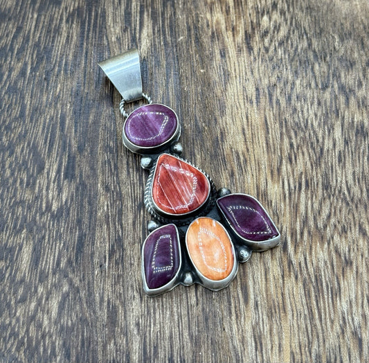 Native Navajo Handmade Sterling Silver Multi Spiny Oyster Shell Cluster Pendant