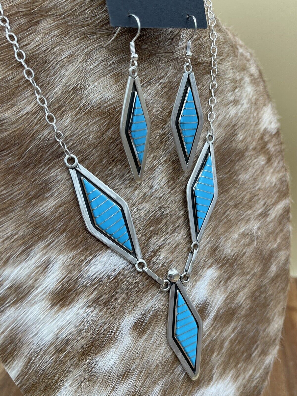 Native American Zuni handmade Sterling Silver Turquoise Inlay  Necklace Set 18”