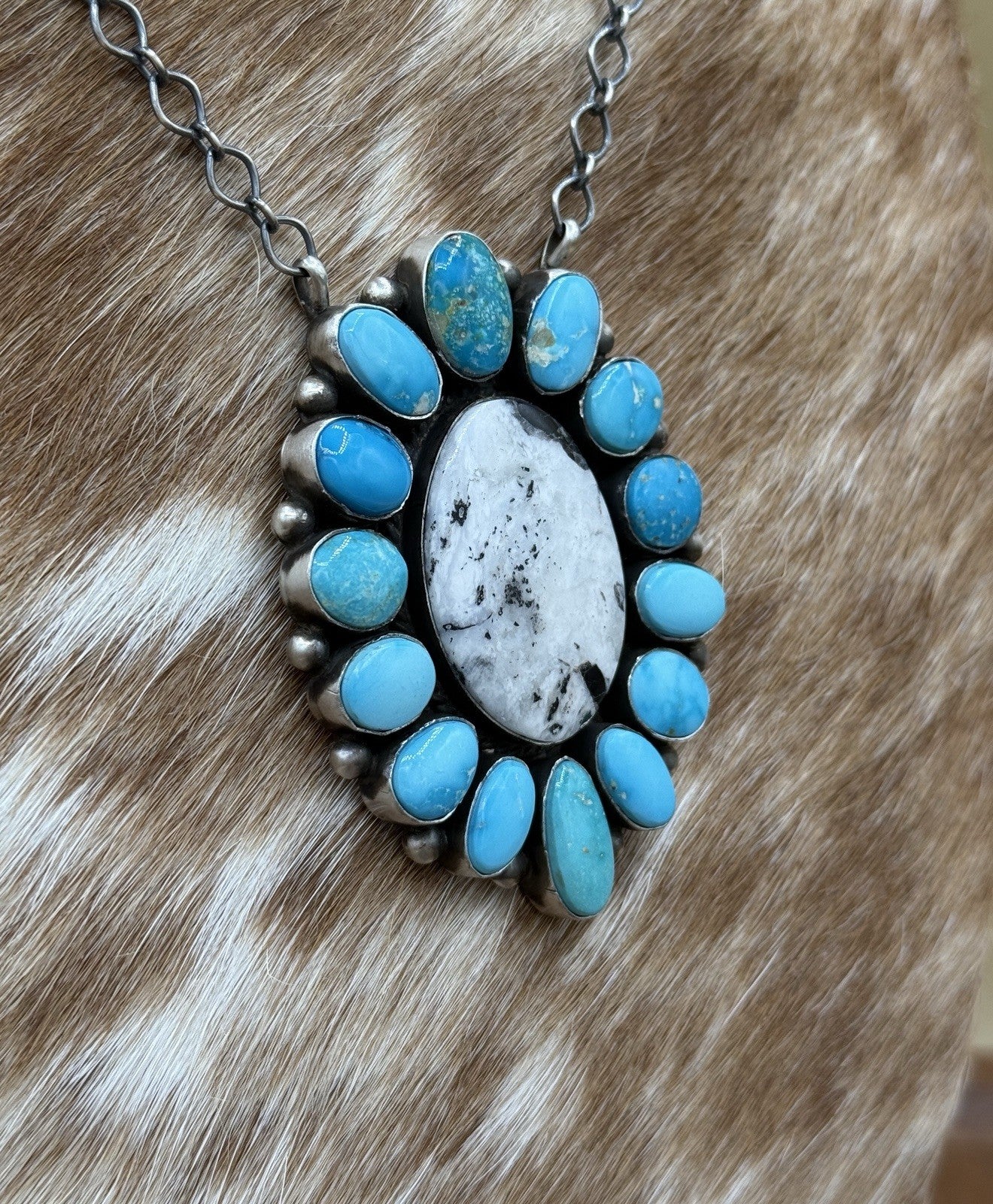 Navajo Handmade Silver Blue Ridge Turquoise & White Buffalo Cluster Necklace