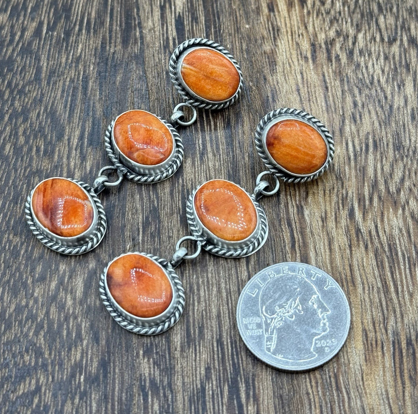 Native Navajo Handmade Sterling Silver Orange Spiny Oyster Post Dangle Earrings