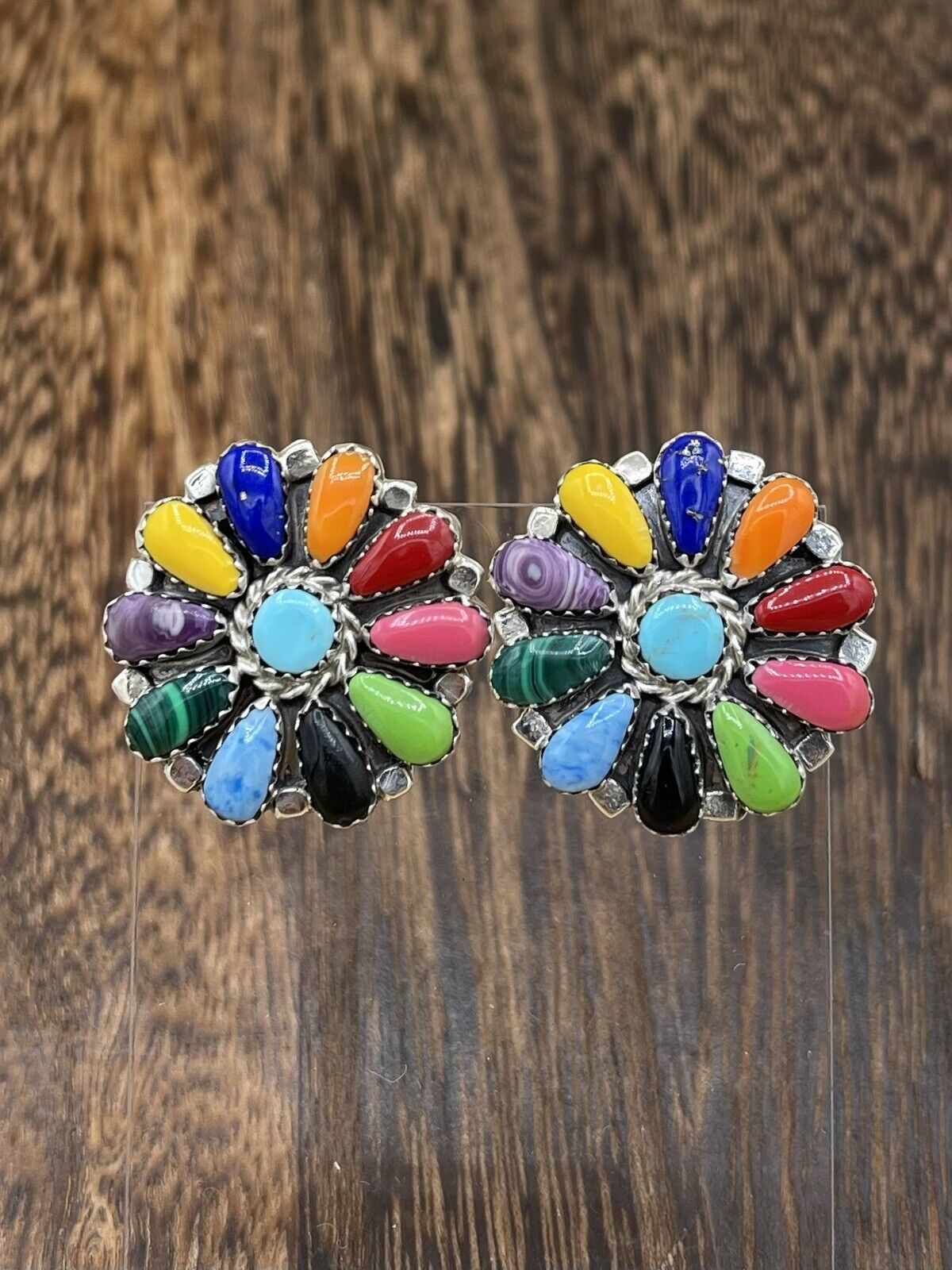 Native American Navajo Handmade Sterling Silver Multicolor Cluster Stud Earrings