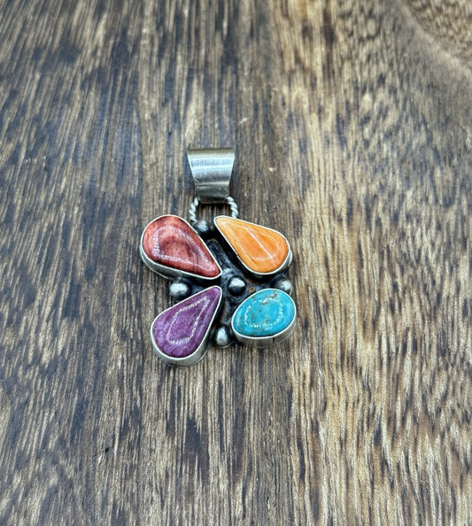 Navajo Handmade Sterling Silver Multi Color Turquoise Spiny Cluster Pendant
