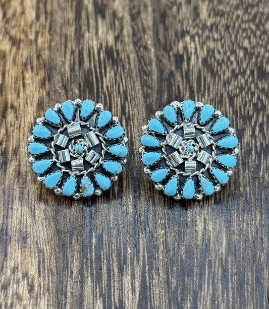 Native American Navajo Handmade Sterling Silver Turquoise Cluster Post earrings