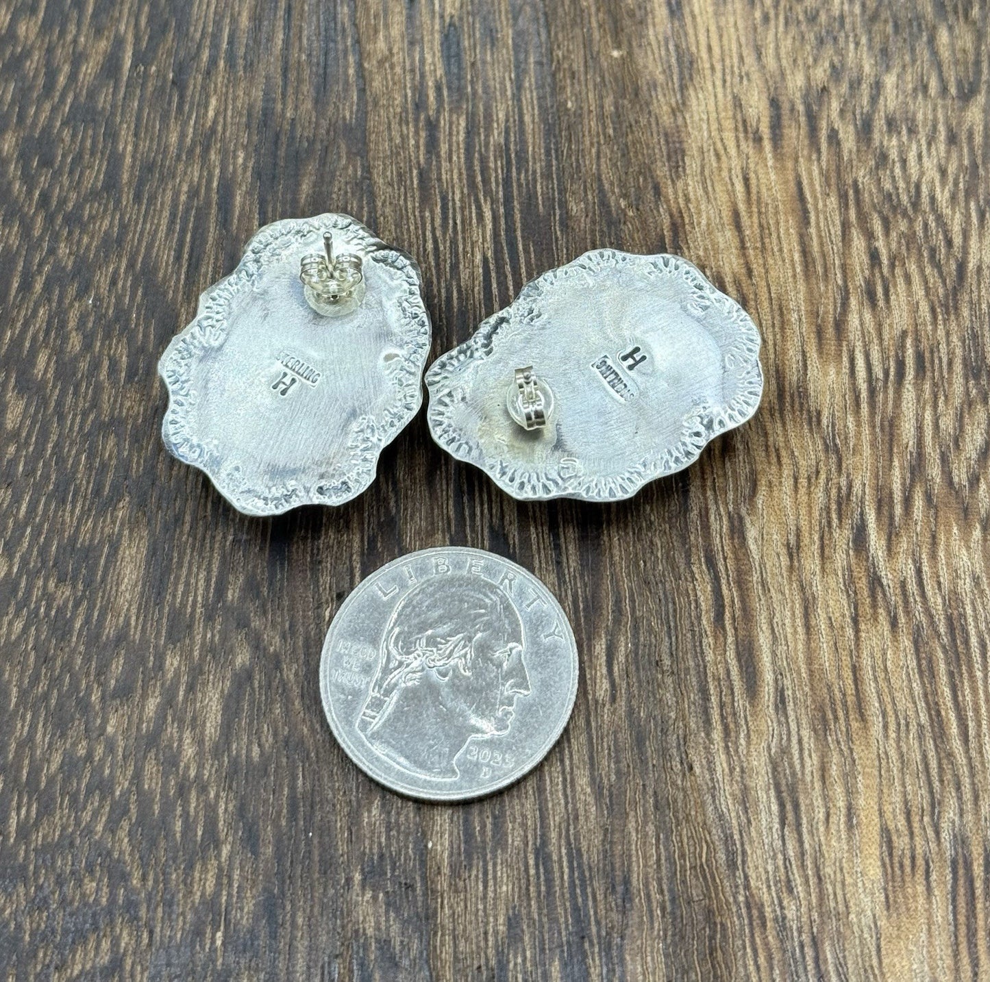 Navajo Handmade Sterling Silver Red Spiny Oyster Shell Stamped Post Earrings