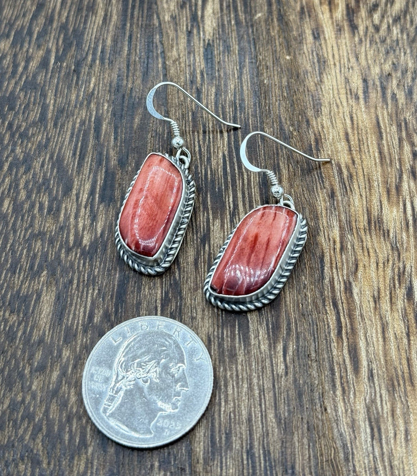 Native Navajo Handmade Sterling Silver Red Spiny Oyster Shell Dangle Earrings