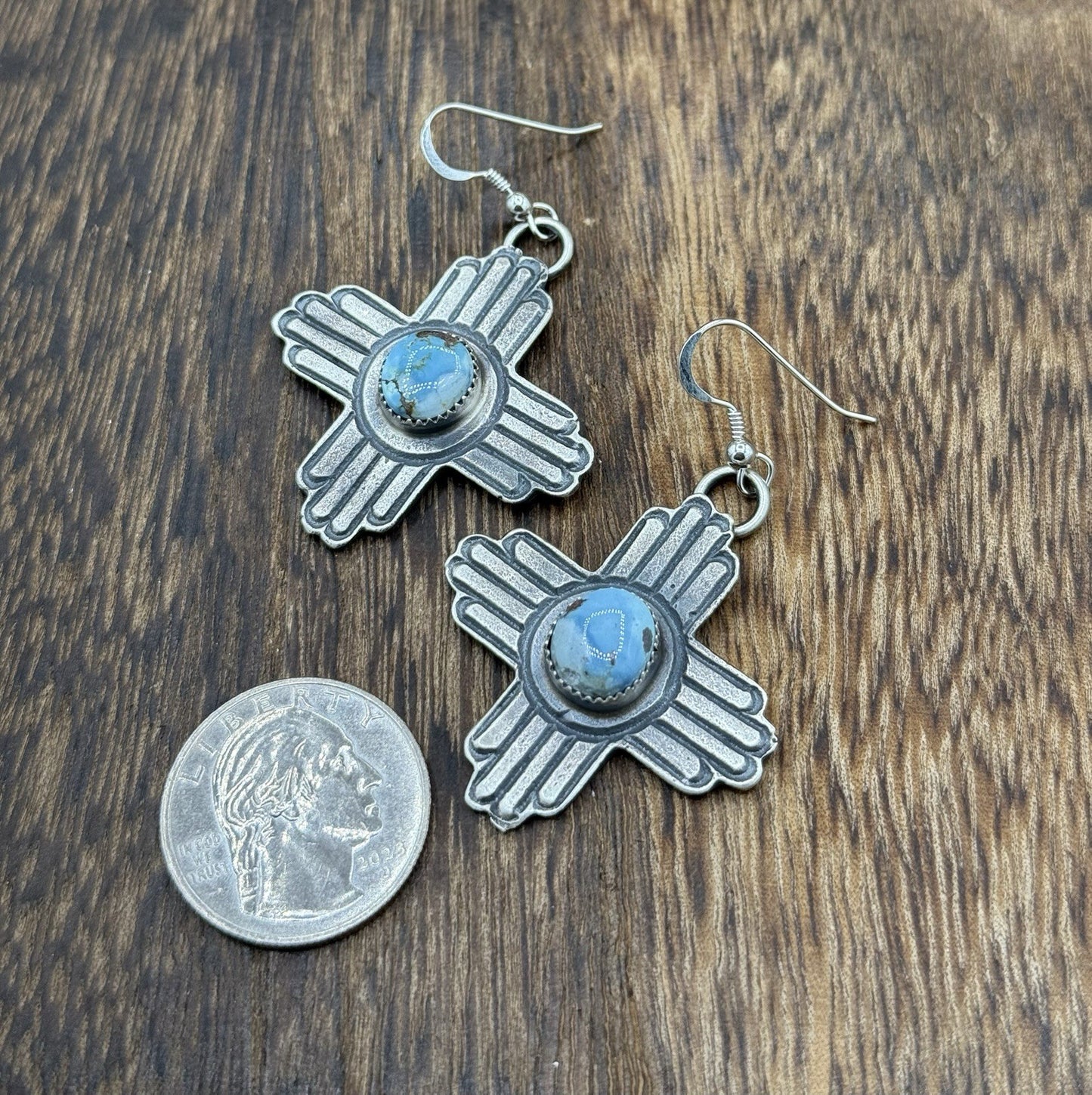 Navajo Handmade Sterling Silver Zia Golden Hills Turquoise Earrings Kevin Billah